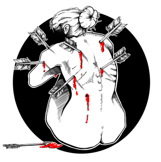 A women sitting on the ground with arrows stuck in her back.