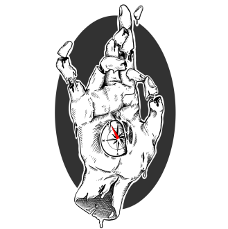 A melting hand with a compass in its palm.