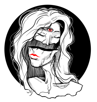 The head of a women cut in the middle with 3 eyes and only one of it is open.