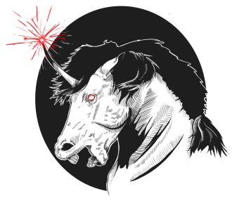 An angry unicorn with red sparks coming out of its horn.